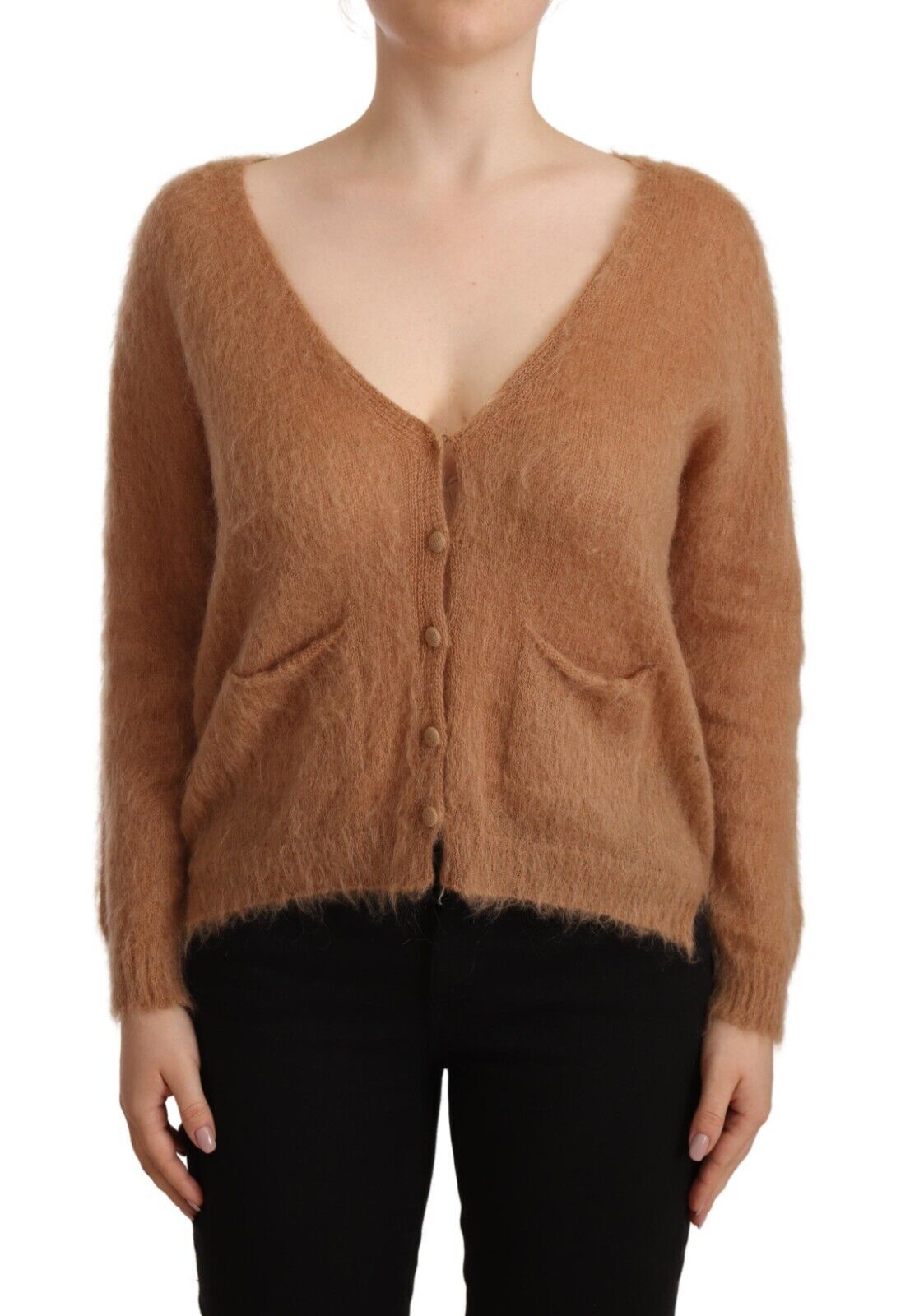 PINK MEMORIES Chic brown knitted cardigan with button closure at the front