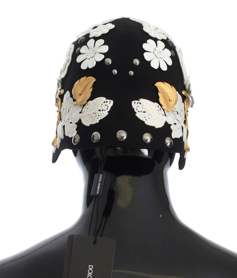 Dolce & Gabbana Eleganter Cloche-Hut aus schwarzer Wolle mit Blumenmuster