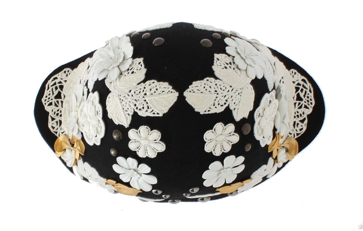 Dolce & Gabbana Eleganter Cloche-Hut aus schwarzer Wolle mit Blumenmuster