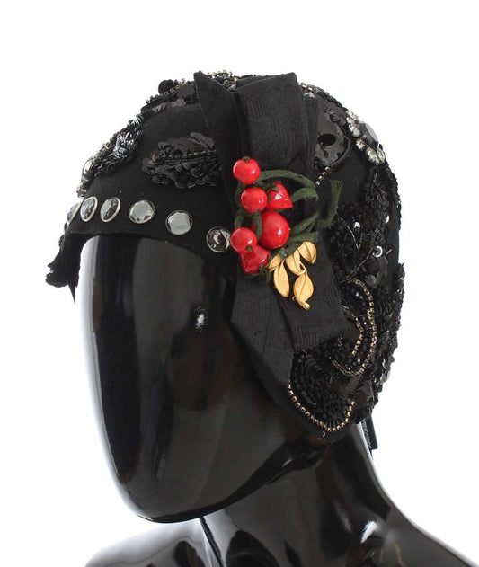 Dolce &amp; Gabbana Elegant Black Crystal Studded Cloche Hat