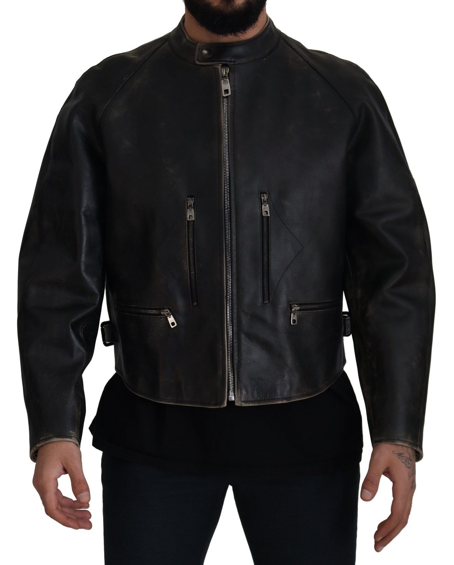 Dolce &amp; Gabbana Elegant black leather jacket with silver details