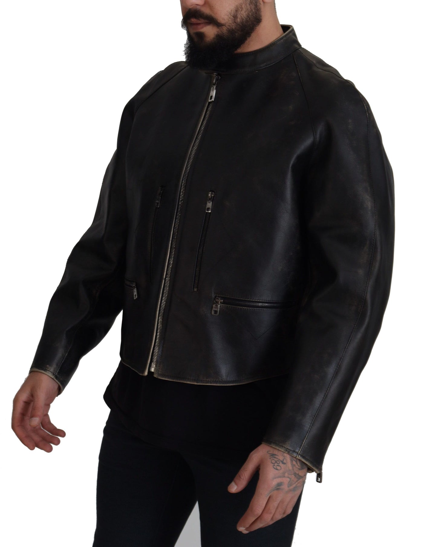 Dolce &amp; Gabbana Elegant black leather jacket with silver details