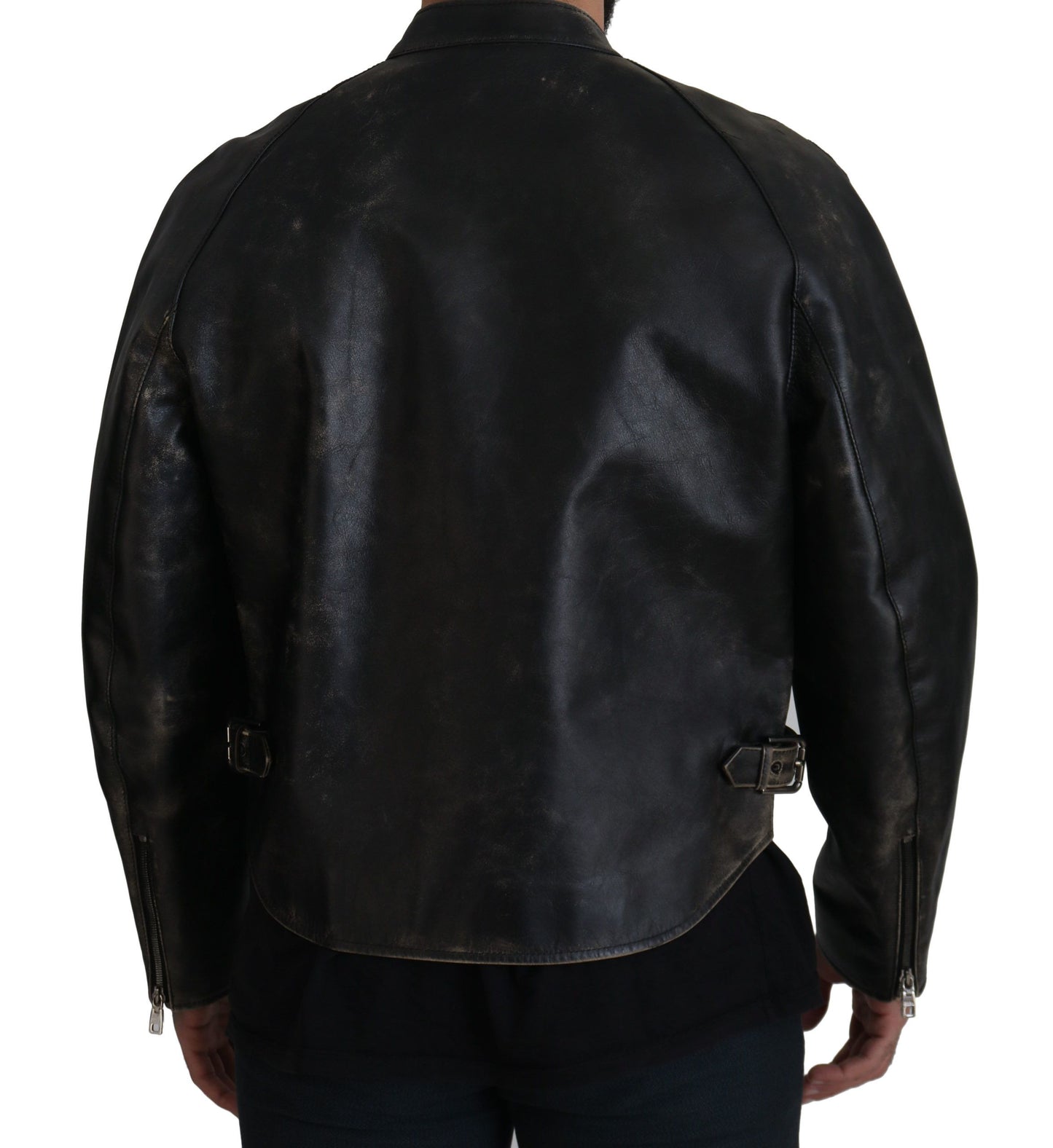 Dolce &amp; Gabbana Elegant black leather jacket with silver details