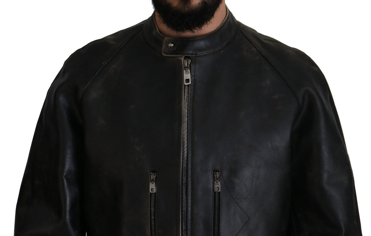 Dolce &amp; Gabbana Elegant black leather jacket with silver details