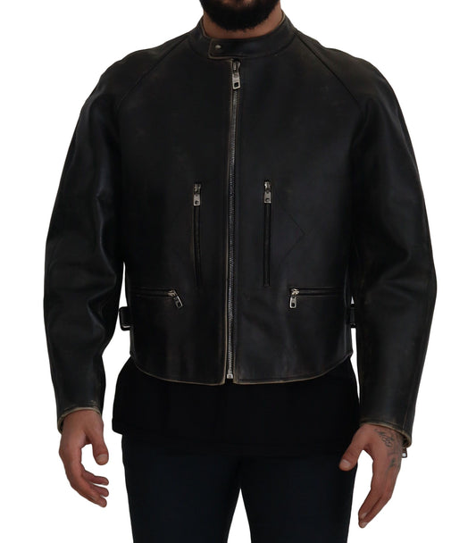 Dolce &amp; Gabbana Elegant black leather jacket with silver details