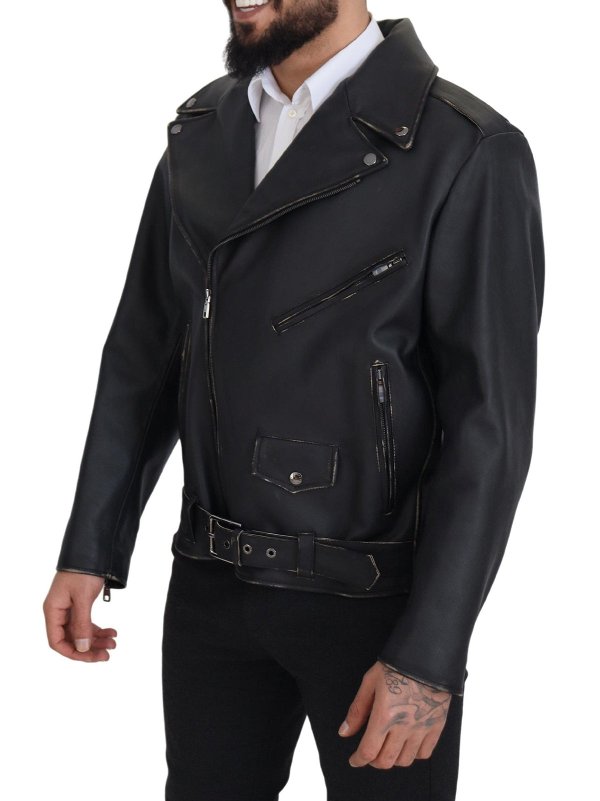 Dolce &amp; Gabbana Elegantti musta nahkainen biker-takki