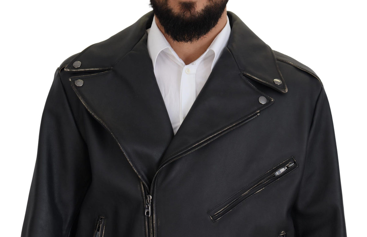 Dolce &amp; Gabbana Elegantti musta nahkainen biker-takki