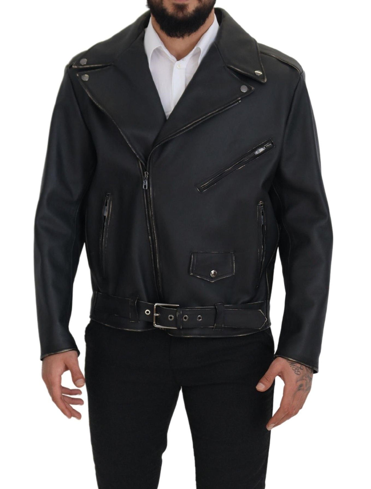 Dolce &amp; Gabbana Elegantti musta nahkainen biker-takki