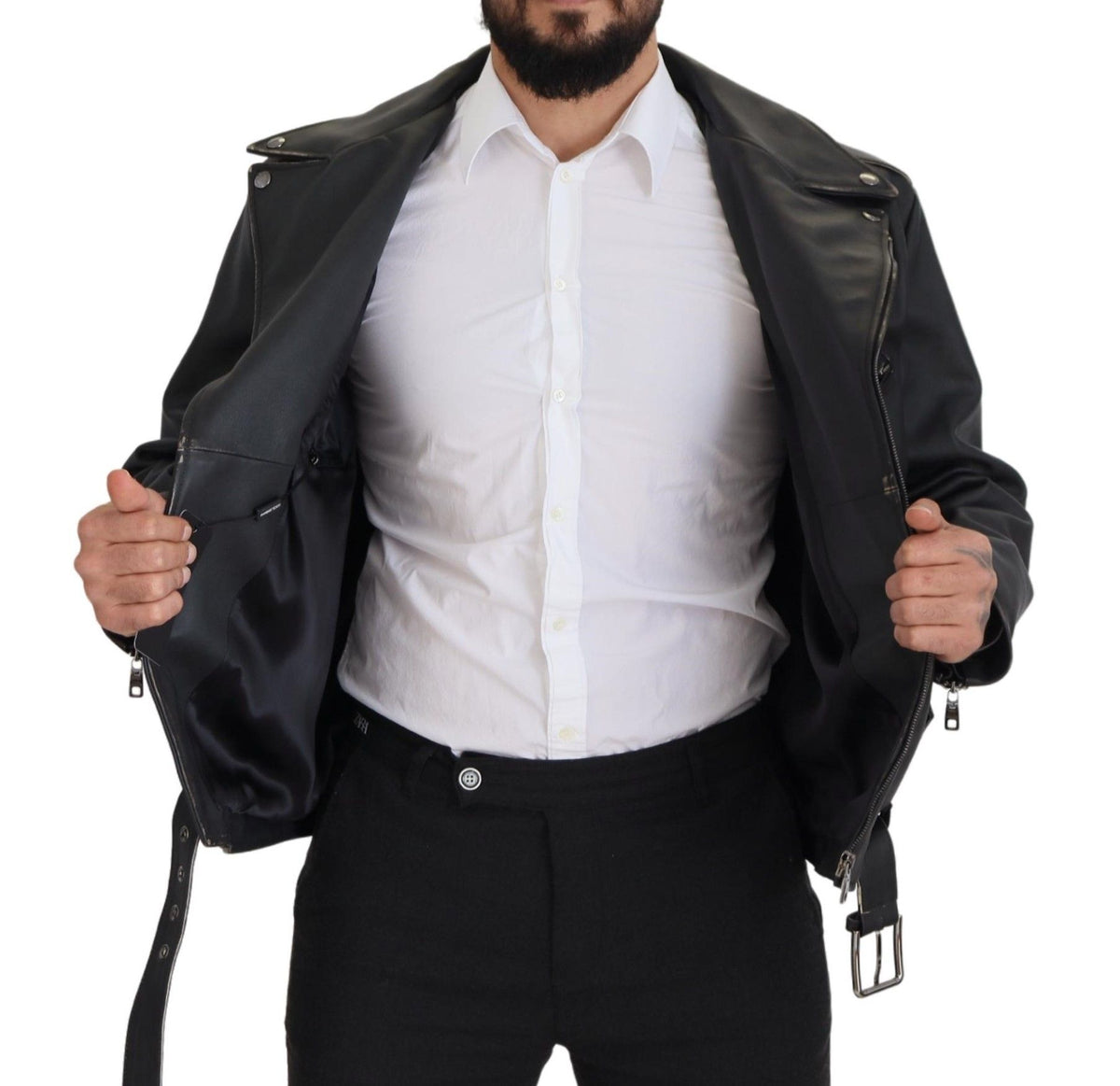 Dolce &amp; Gabbana Elegantti musta nahkainen biker-takki