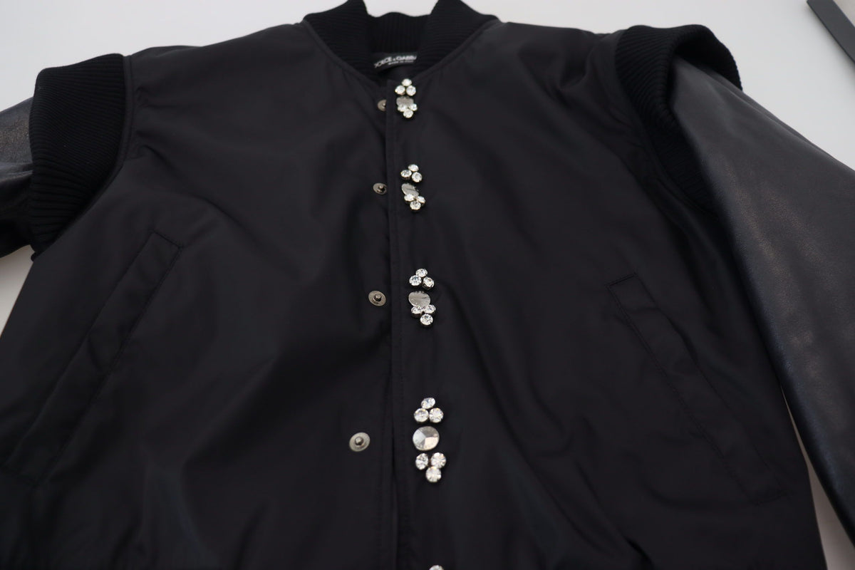 Dolce &amp; Gabbana Elegantti musta bomber-takki kristallikoristeilla