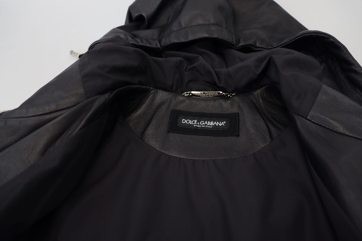 Dolce &amp; Gabbana Elite musta nahkainen Bomber-takki hupulla