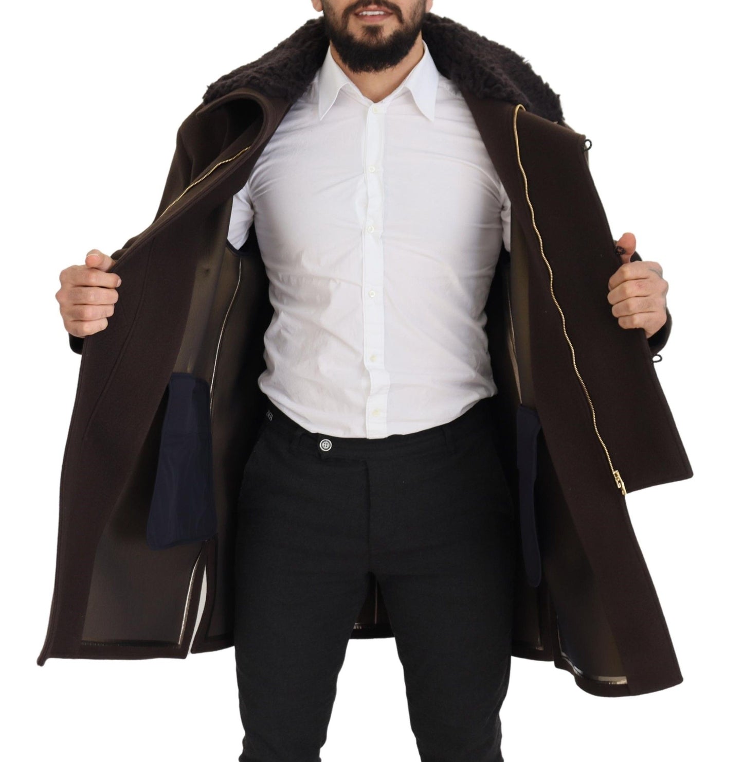 Dolce &amp; Gabbana Elegant dark brown shearling coat jacket