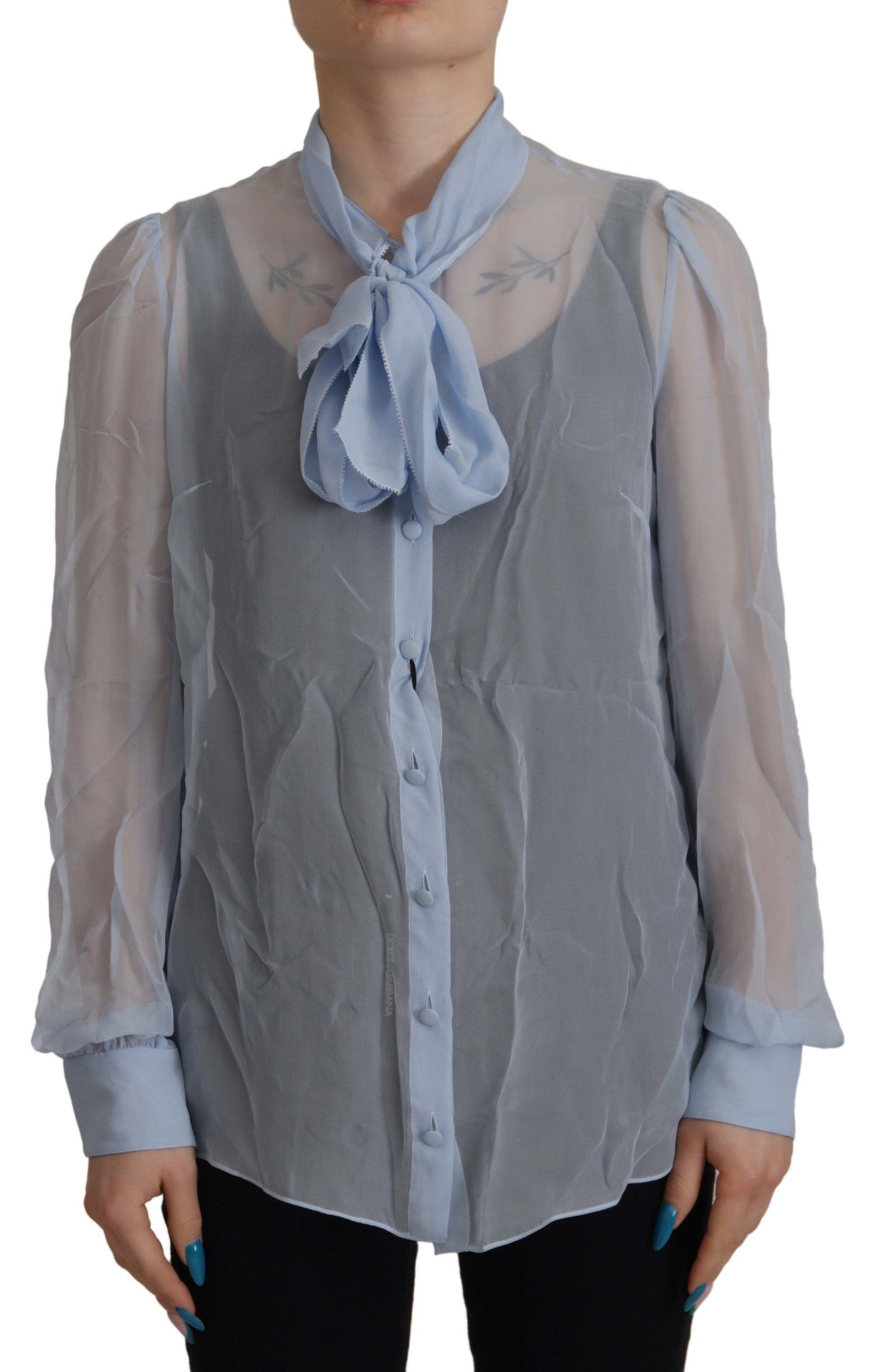 Dolce &amp; Gabbana Elegant blouse with Ascot collar made of silk in light blue