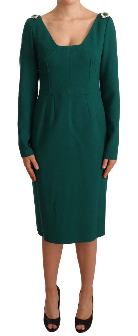 Dolce &amp; Gabbana Emerald Green Midi Sheath Dress with Crystal Brooch