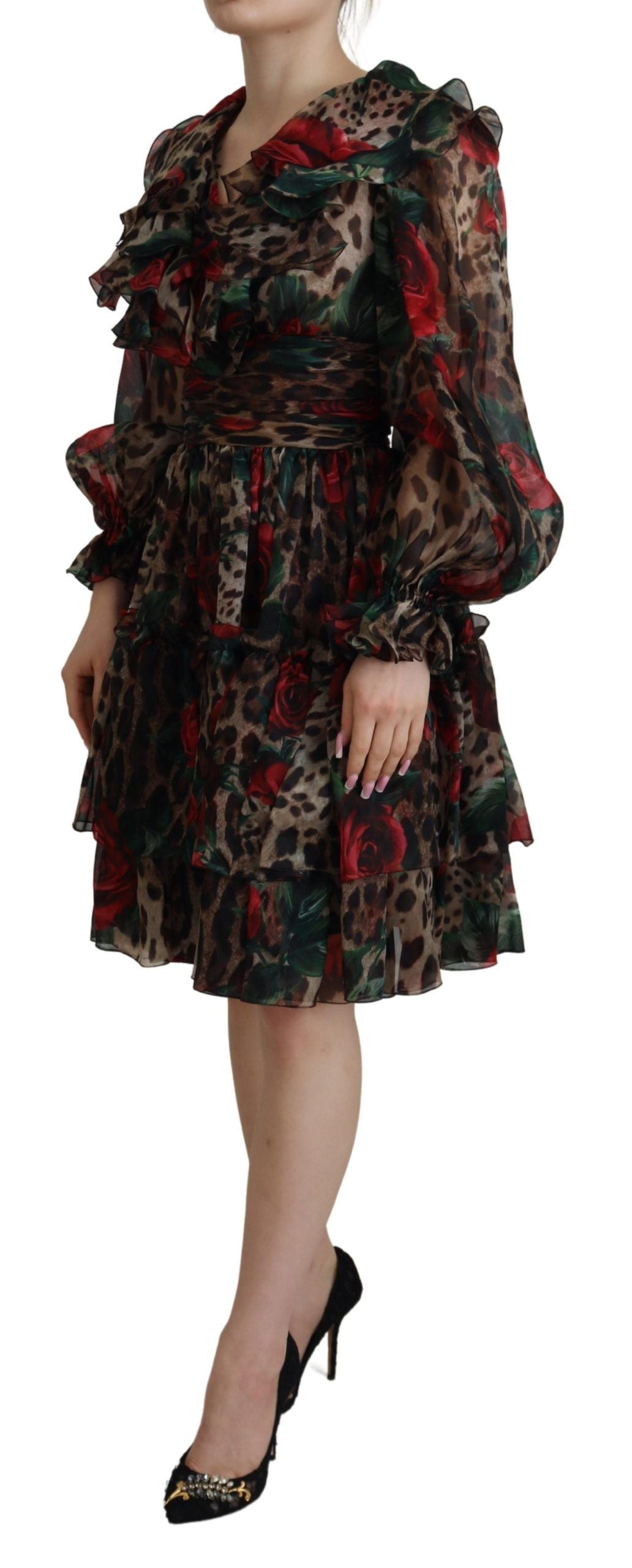 Dolce &amp; Gabbana silk dress with leopard print and red roses