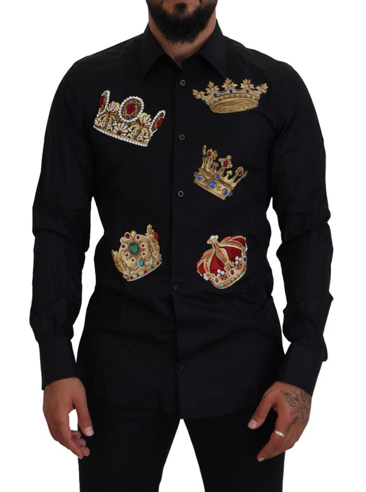 Dolce &amp; Gabbana Elegant Black Slim Fit Shirt with Crown Embroidery