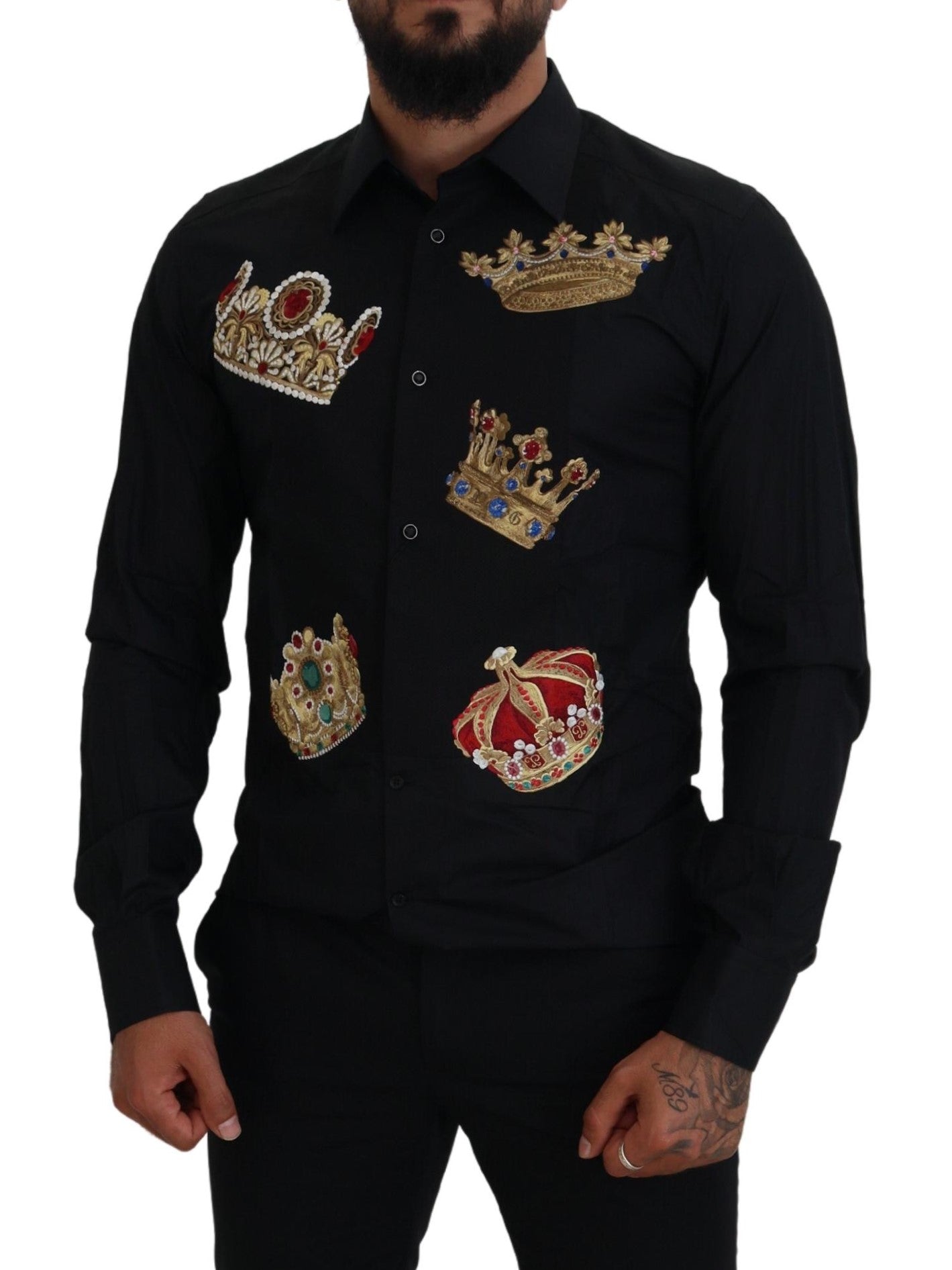 Dolce &amp; Gabbana Elegant Black Slim Fit -paita, jossa kruunukirjonta