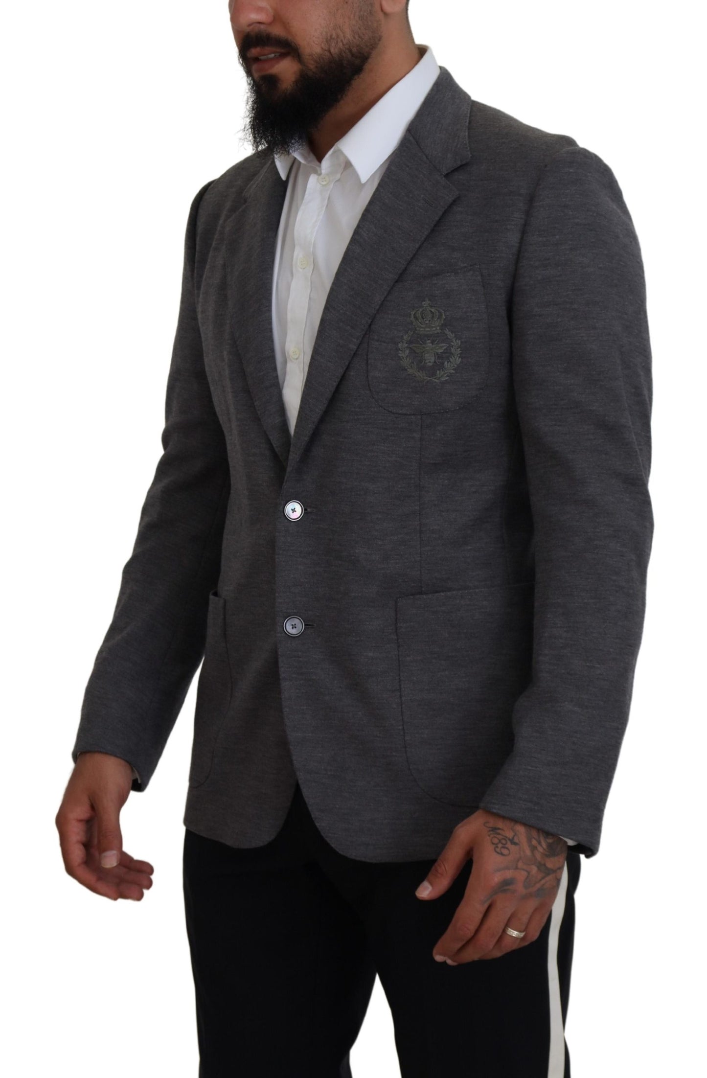 Dolce &amp; Gabbana Elegant grey wool blazer with bee crown embroidery