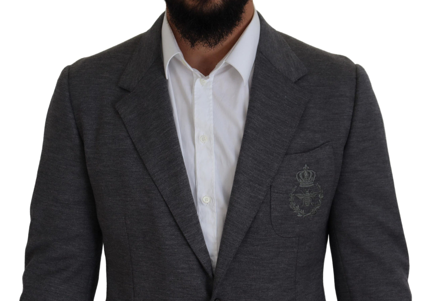 Dolce &amp; Gabbana Elegant grey wool blazer with bee crown embroidery