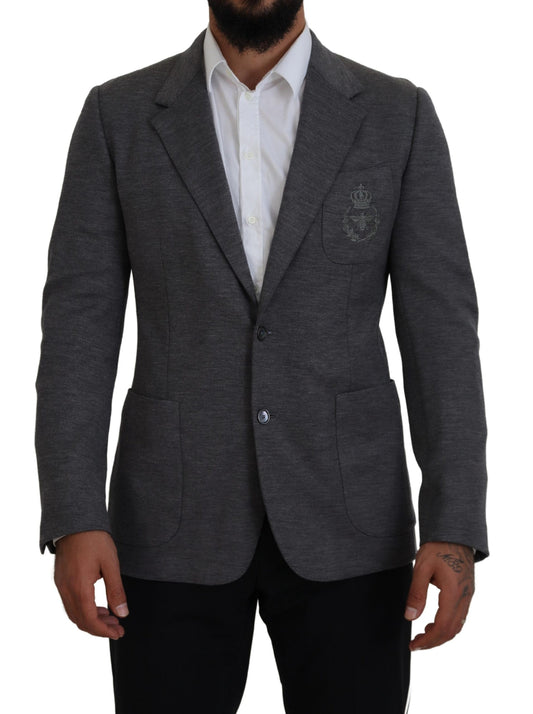 Dolce &amp; Gabbana Elegant grey wool blazer with bee crown embroidery