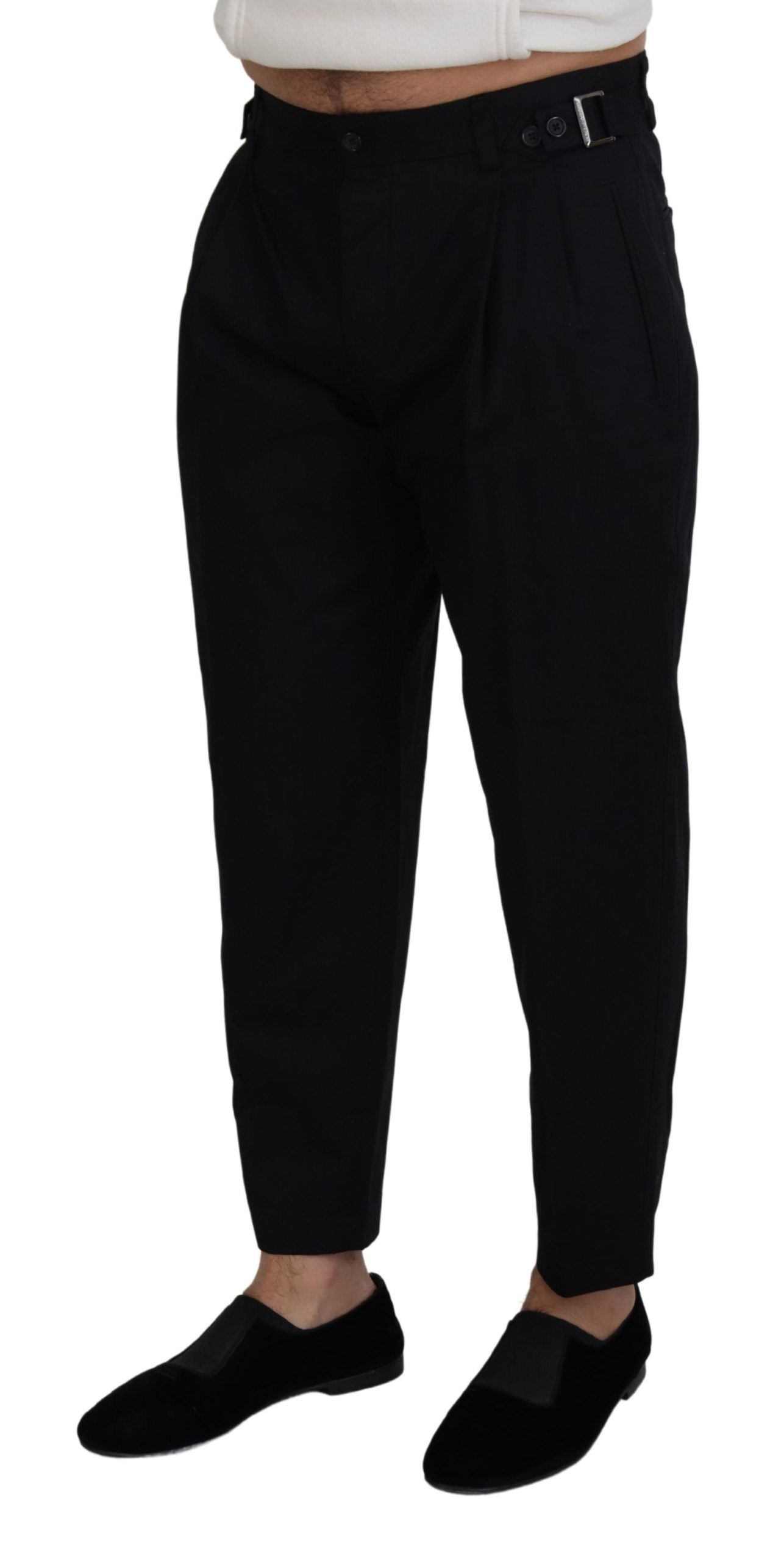 Dolce &amp; Gabbana Smooth black Italian designer trousers with side buckle