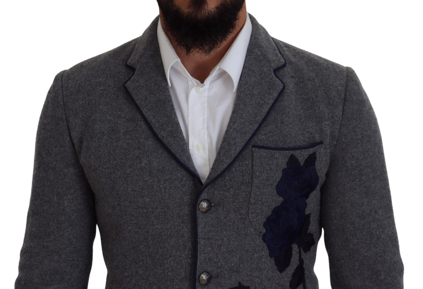 Dolce &amp; Gabbana Elegant blazer in grey wool with blue rose embroidery