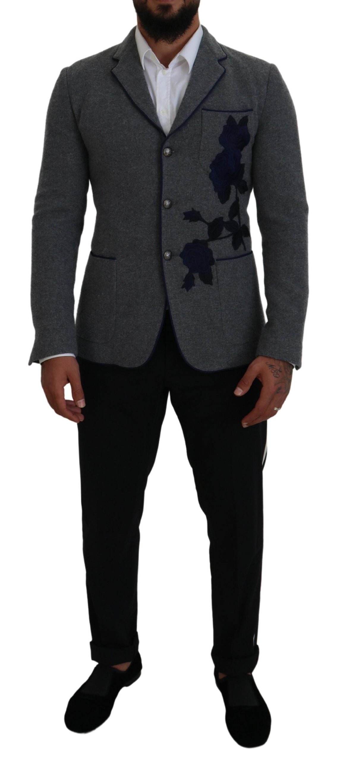 Dolce &amp; Gabbana Elegant blazer in grey wool with blue rose embroidery