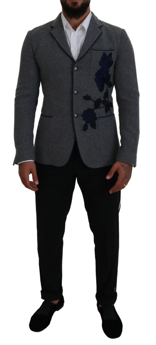 Dolce & Gabbana Eleganter Blazer aus grauer Wolle mit blauer Rosenstickerei