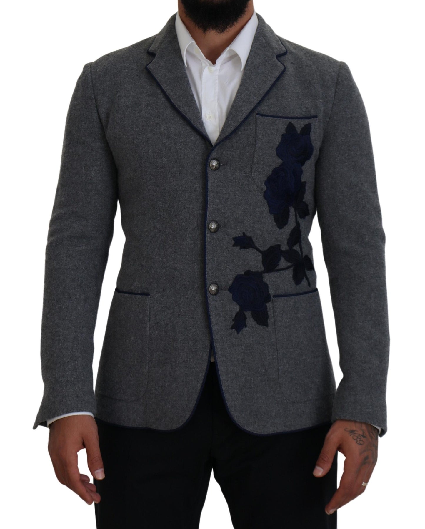 Dolce &amp; Gabbana Elegant blazer in grey wool with blue rose embroidery