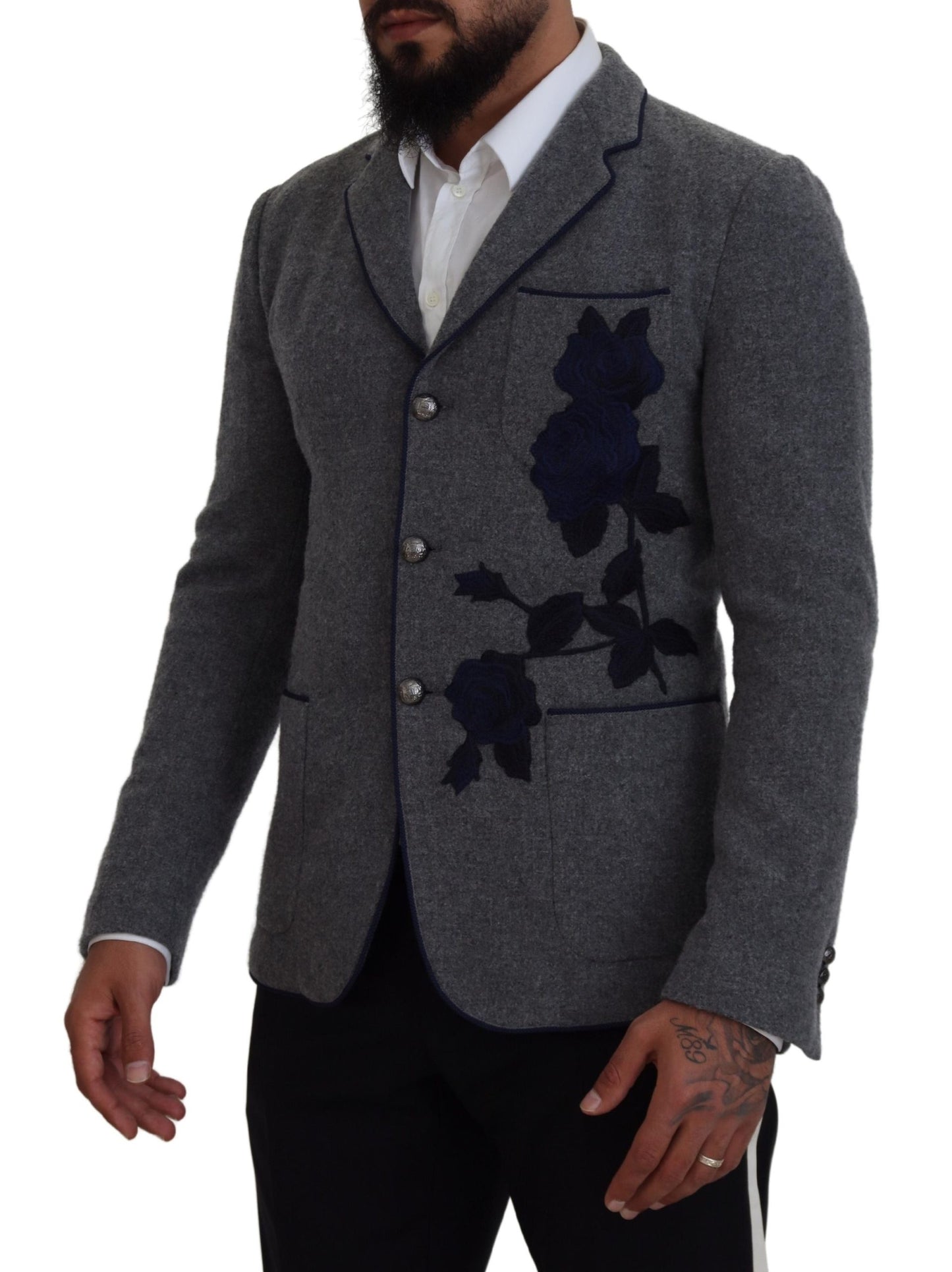 Dolce &amp; Gabbana Elegant blazer in grey wool with blue rose embroidery