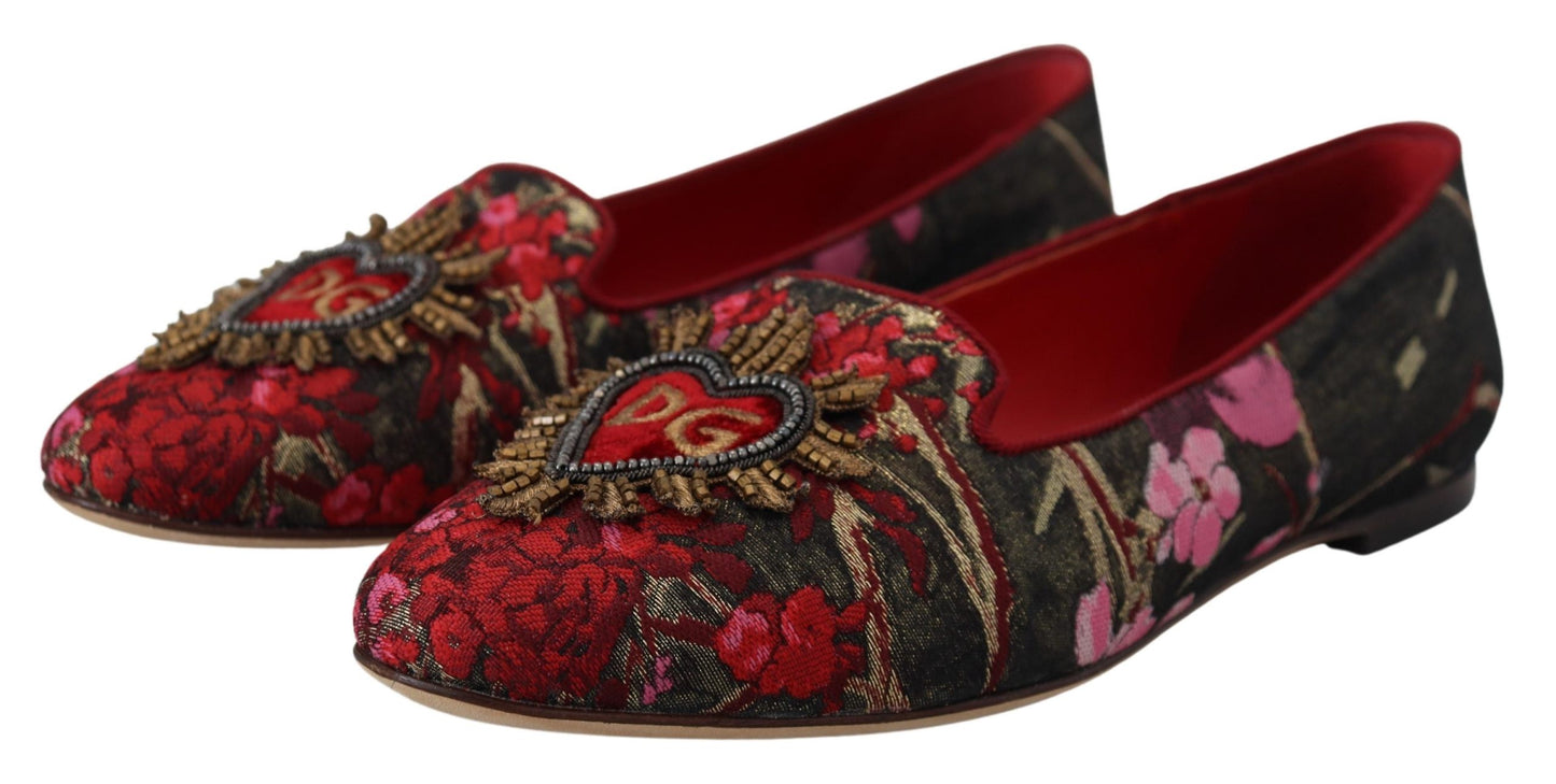 Dolce & Gabbana Multicolor Leder und Stoff Flats mit Sacred Heart Patch