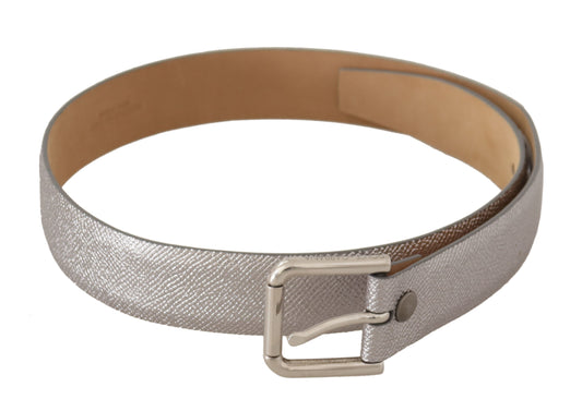 Dolce &amp; Gabbana Elegant silver leather belt with engraved buckle