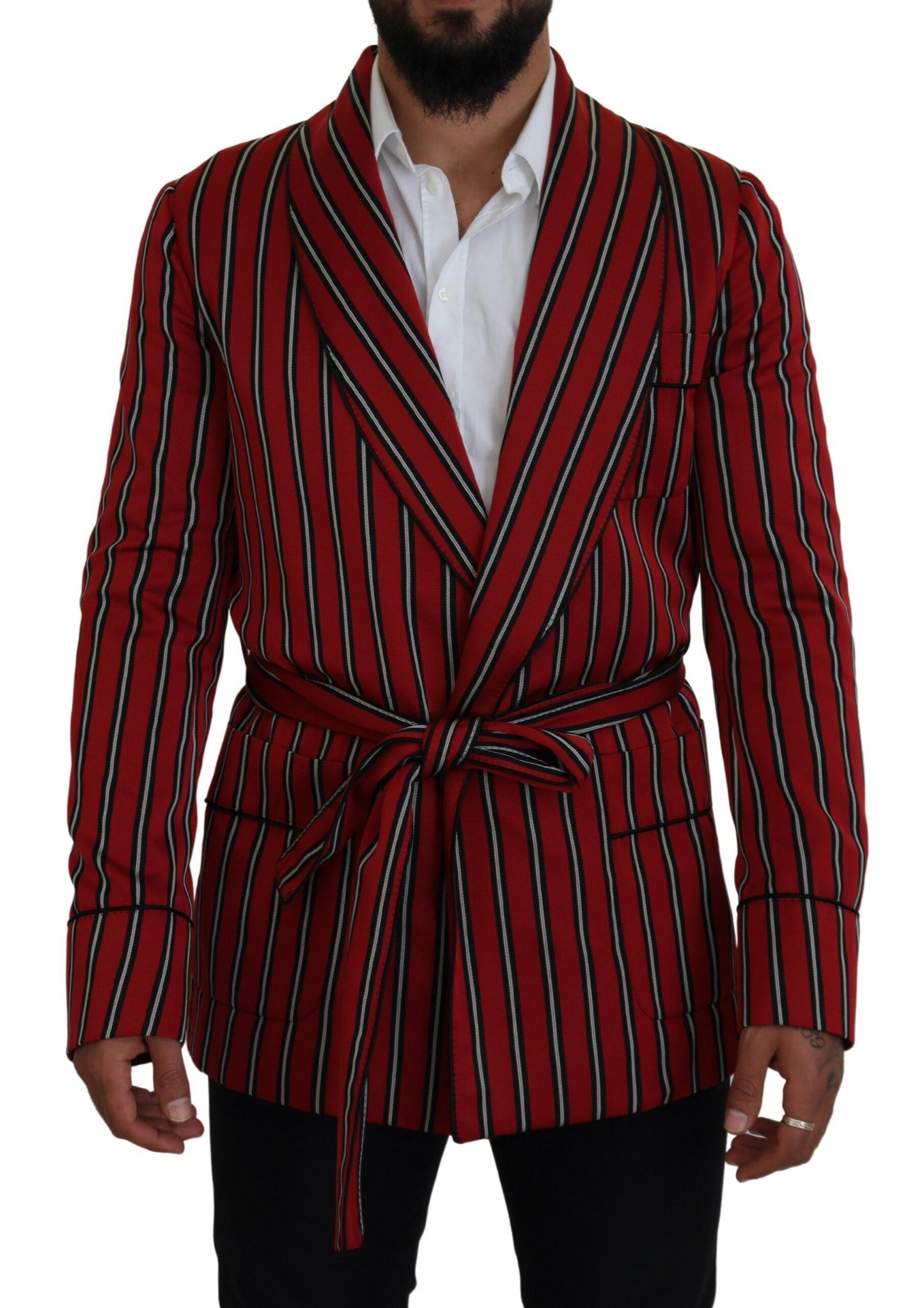 Dolce &amp; Gabbana Elegant Red Striped Long Robe Luxury Wear