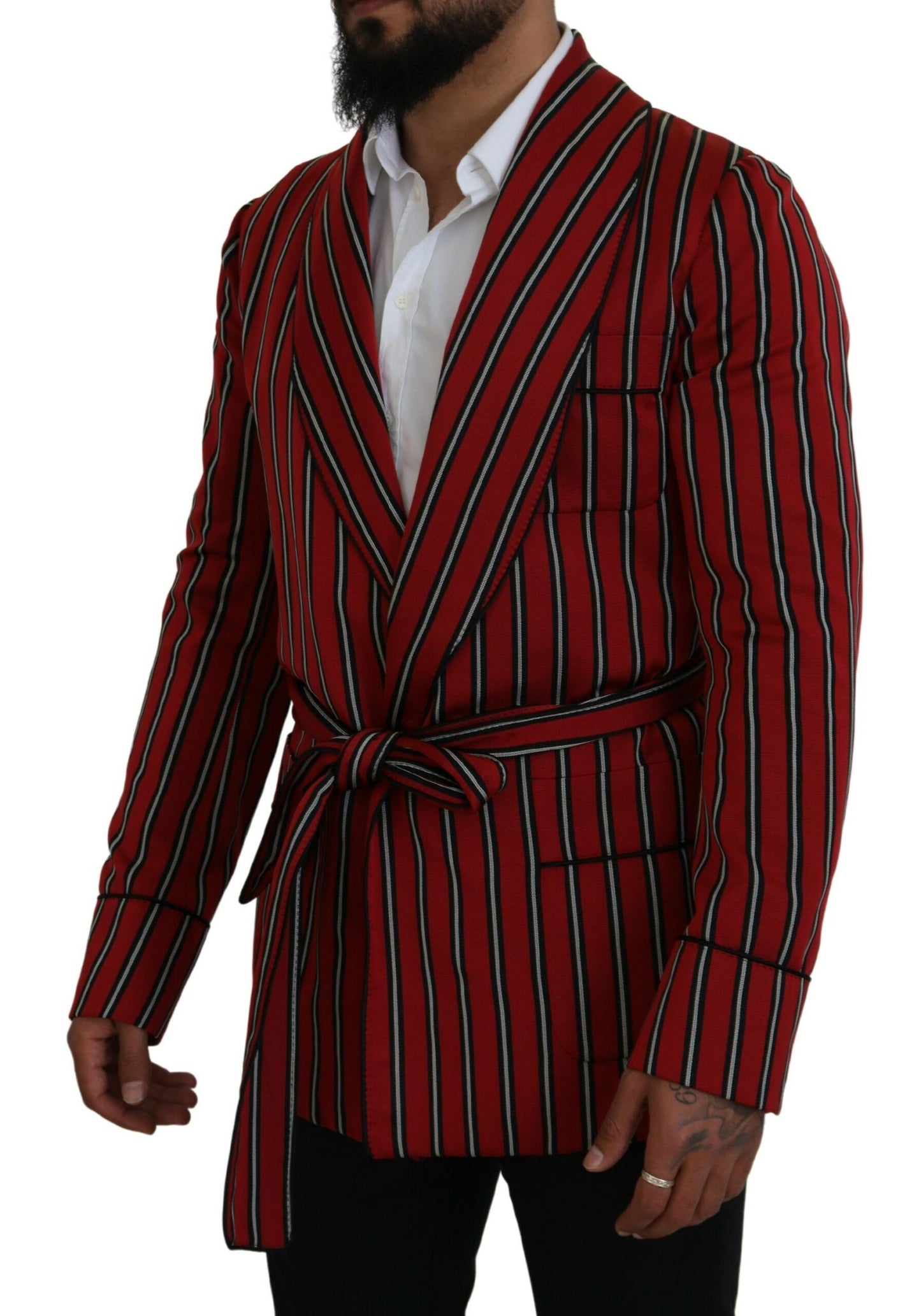 Dolce &amp; Gabbana Elegant Red Striped Long Robe Luxury Wear