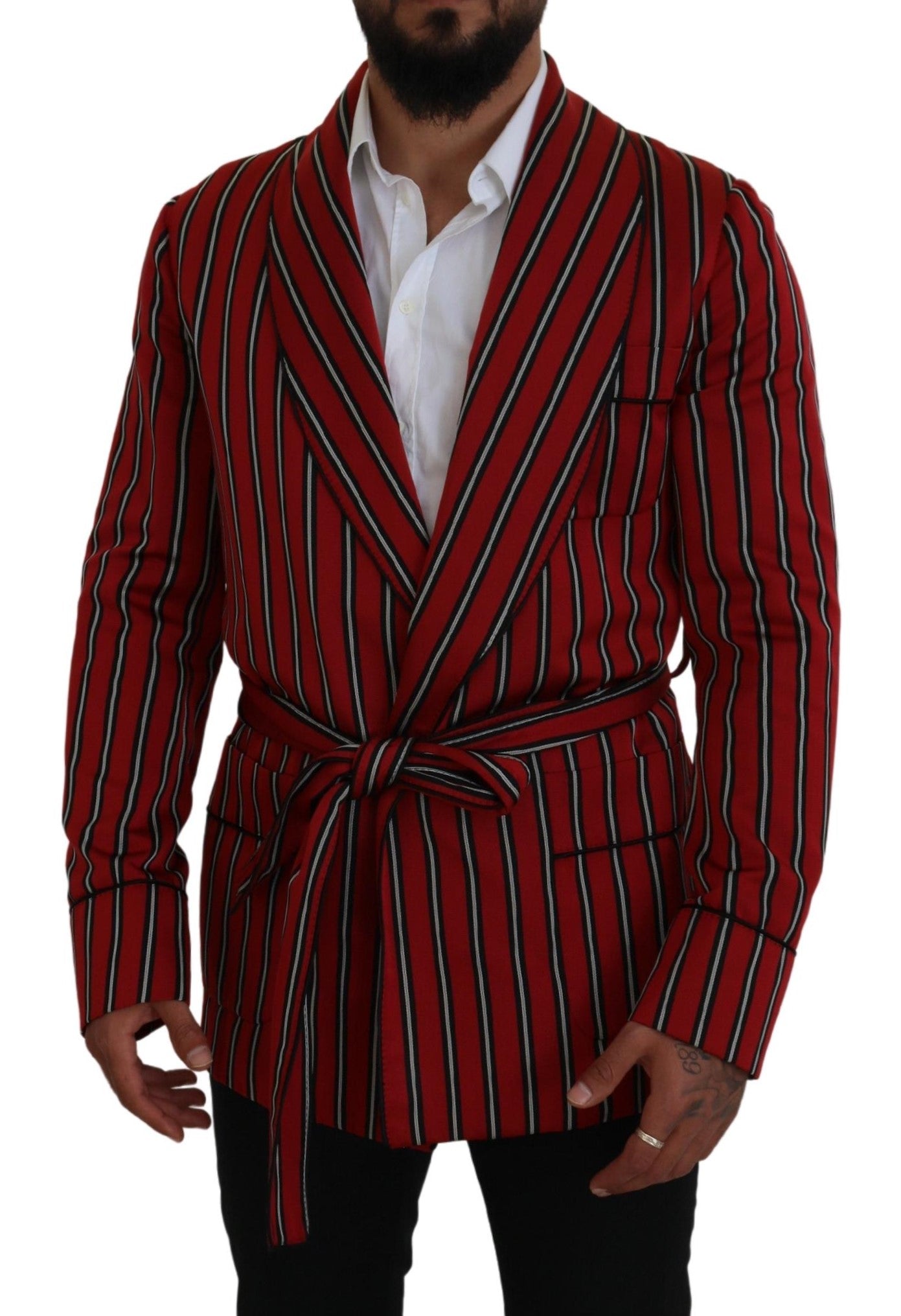 Dolce &amp; Gabbana Elegant Red Striped Long Robe Luxury Wear