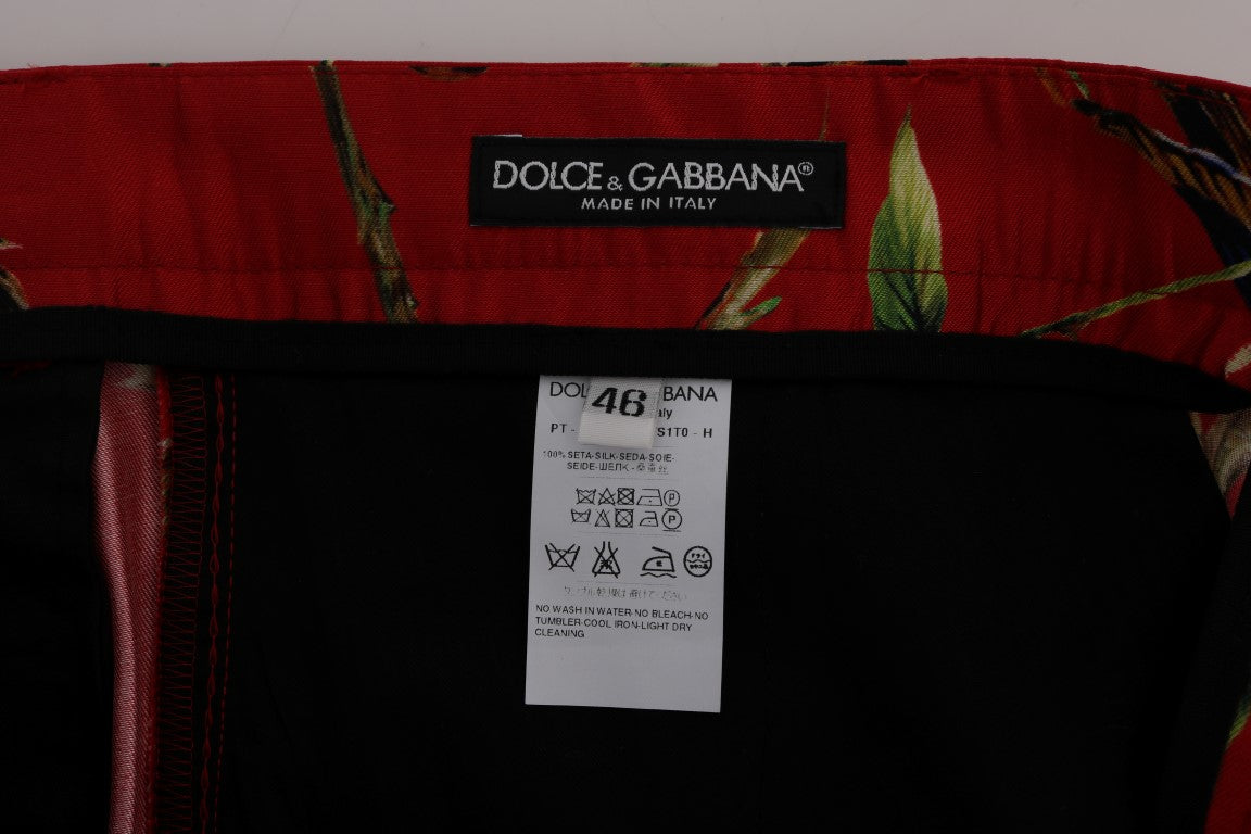 Dolce & Gabbana Elegante Seidenkleid-Hose mit rotem Vogeldruck