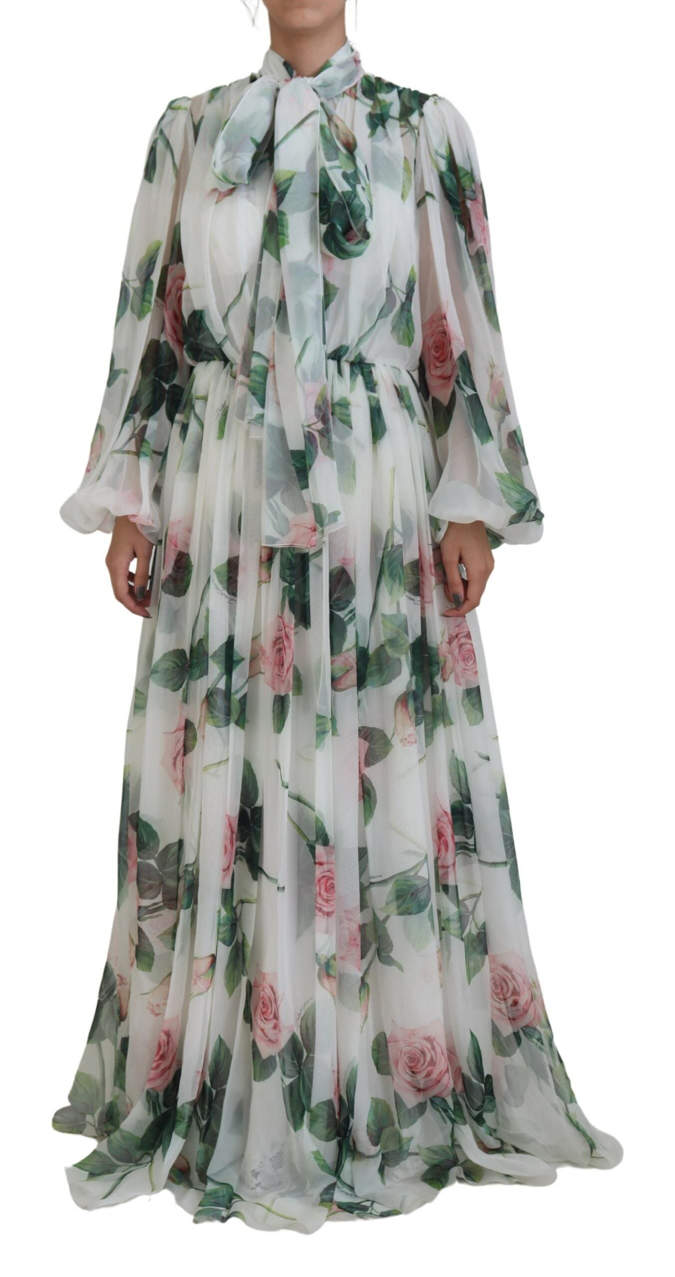 Dolce &amp; Gabbana Elegant maxi dress in white silk with rose print