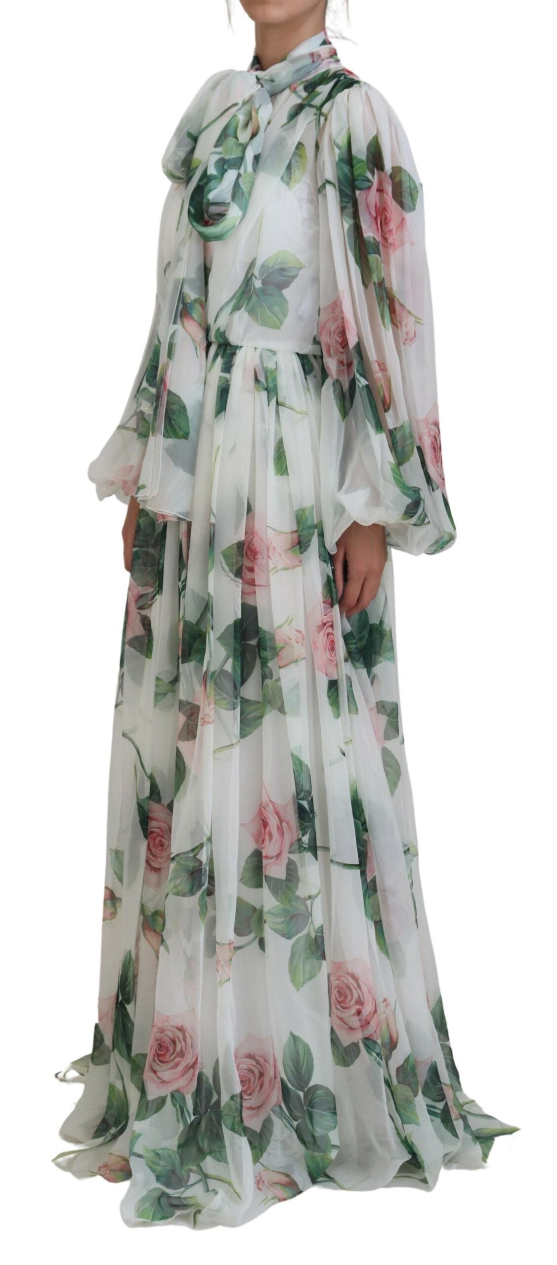 Dolce &amp; Gabbana Elegant maxi dress in white silk with rose print