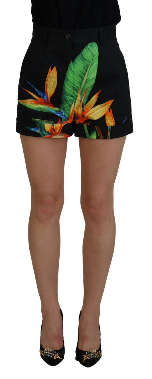 Dolce &amp; Gabbana High Waist Hot Pants Shorts with Black Leaf Print