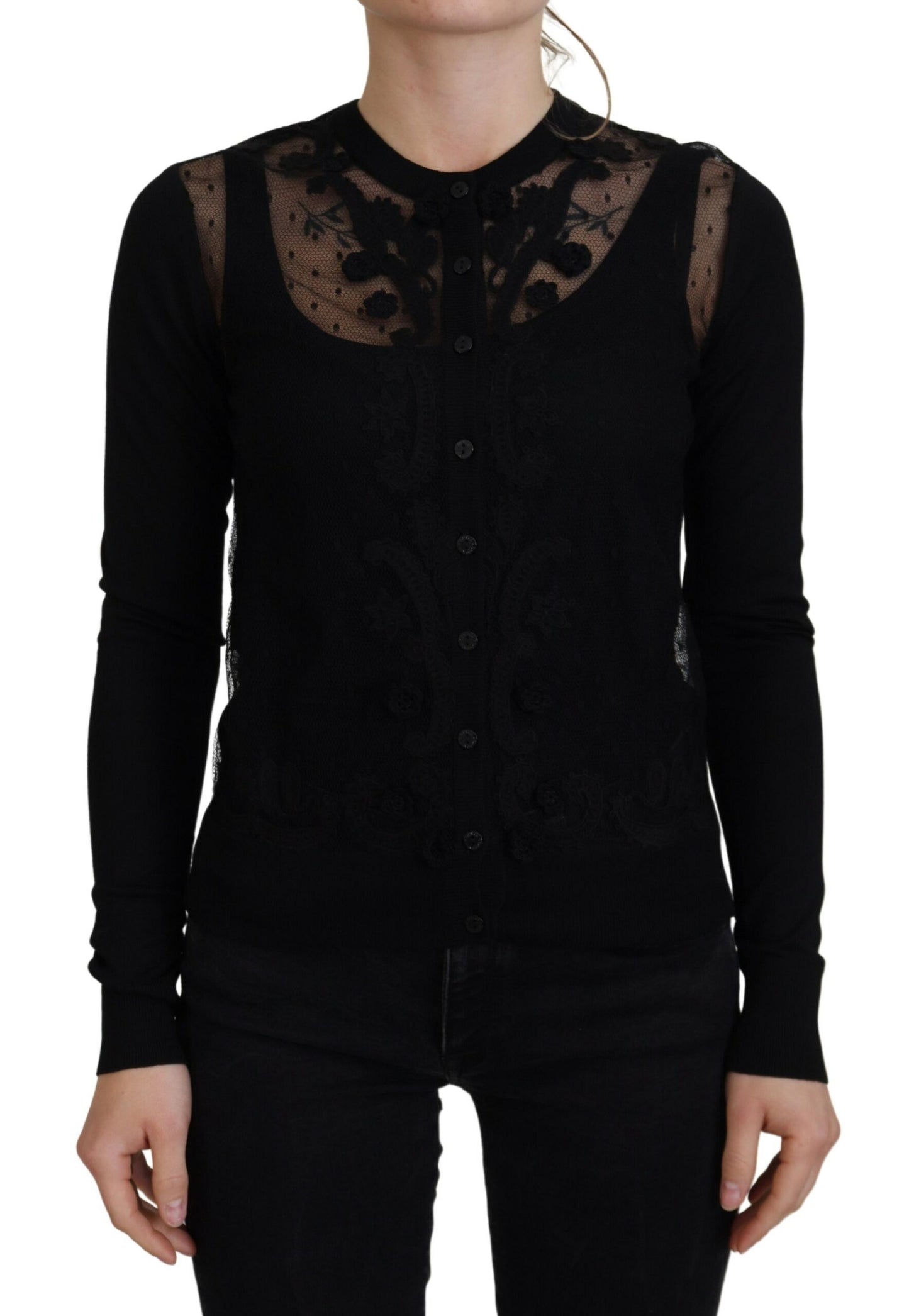 Dolce &amp; Gabbana Elegant black cardigan with floral pattern and lace