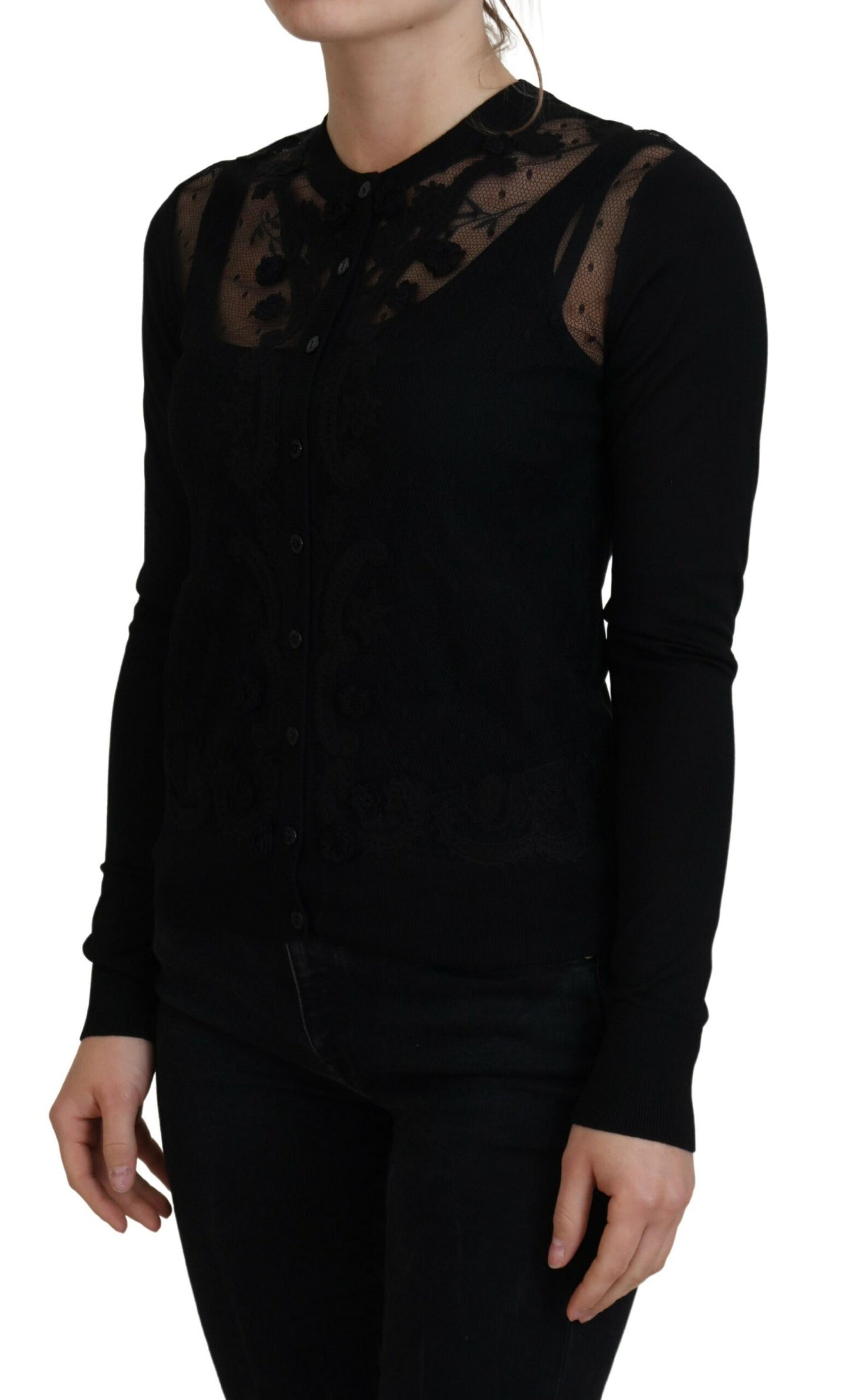 Dolce &amp; Gabbana Elegant black cardigan with floral pattern and lace