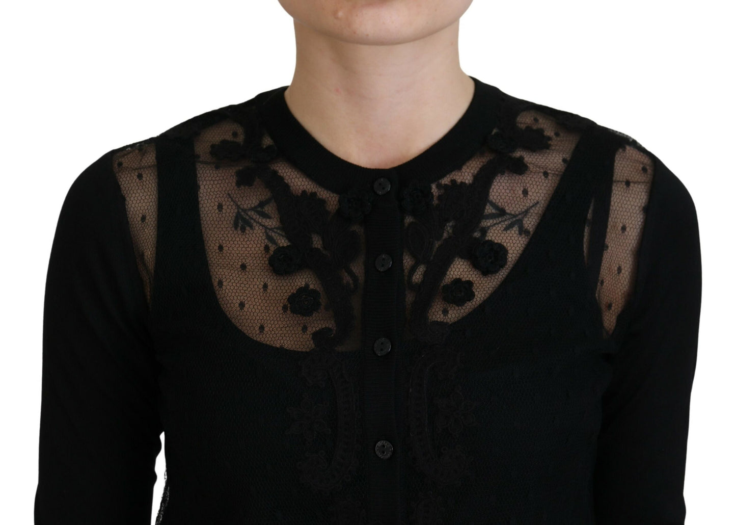 Dolce &amp; Gabbana Elegant black cardigan with floral pattern and lace