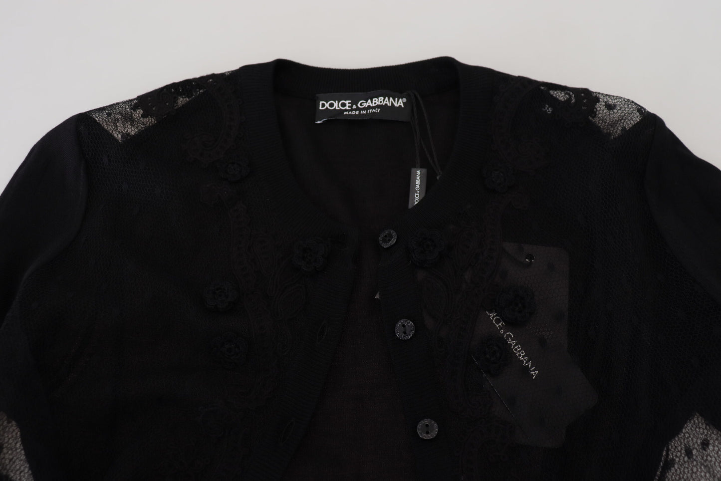 Dolce &amp; Gabbana Elegant black cardigan with floral pattern and lace