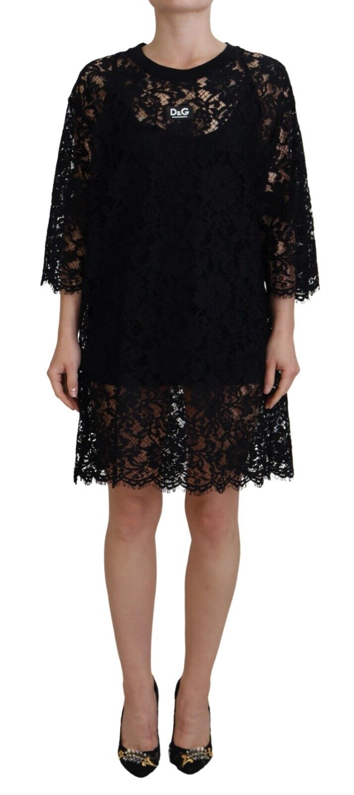 Dolce &amp; Gabbana Elegant Black Floral Lace Shift Dress