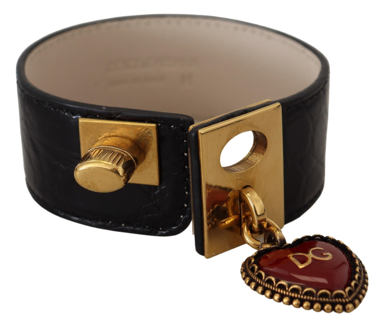 Dolce &amp; Gabbana Elegant black leather bracelet with gold details