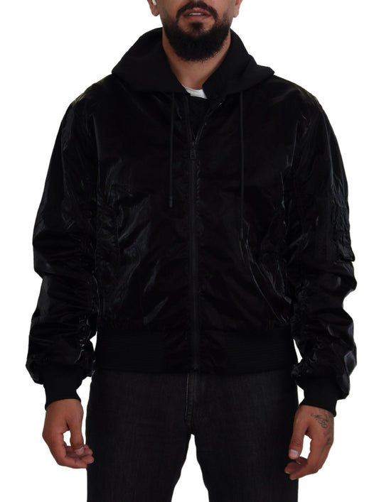 Dolce &amp; Gabbana Elegant black bomber jacket with hood