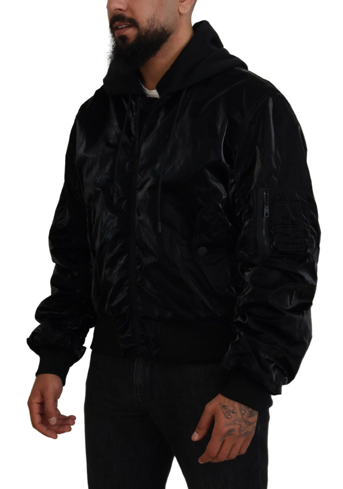 Dolce &amp; Gabbana Elegant black bomber jacket with hood