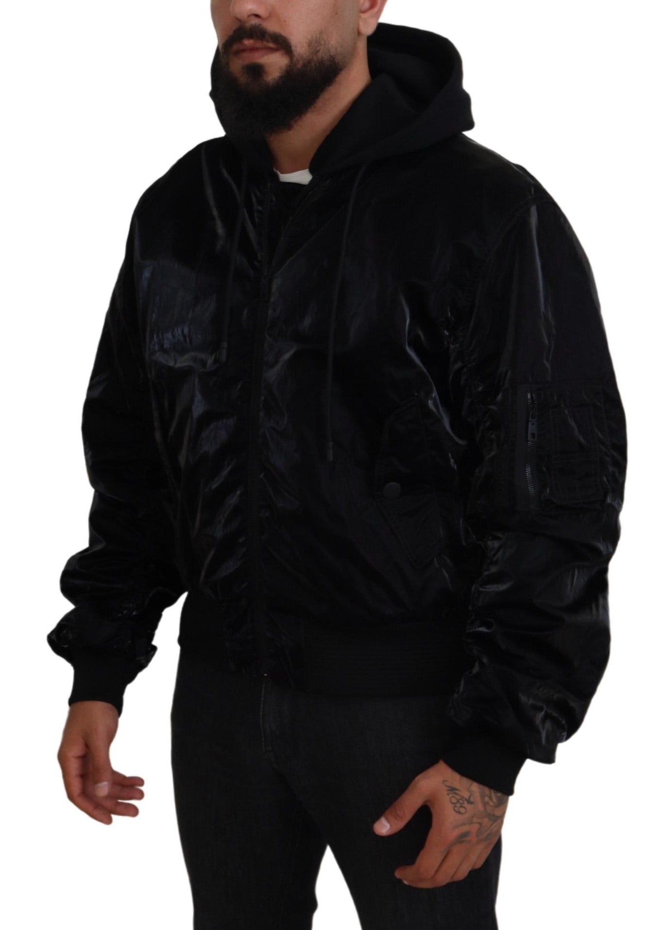 Dolce &amp; Gabbana Elegant black bomber jacket with hood