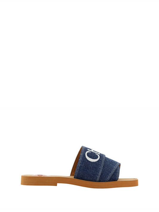 Chloé Lush Cotton Woody Slide Sandals in Denim Blue