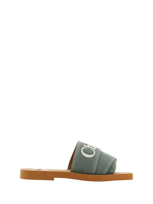 Chloé Elegant slides in forest green cotton